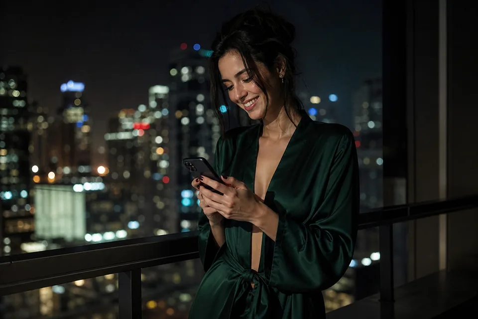 Creator on a balcony at night sending a message